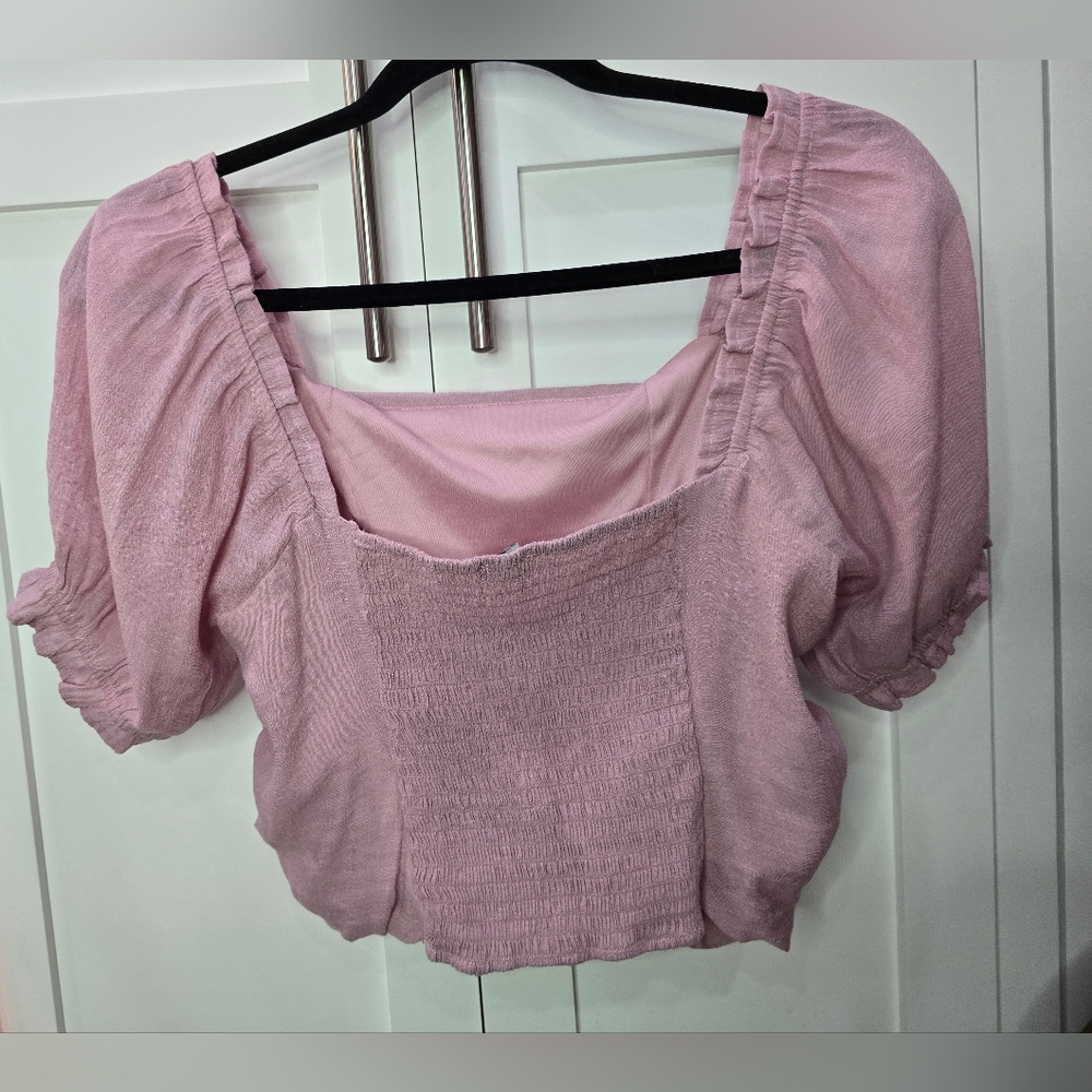 Love Tree Pink Ruched Puff Sleeve Blouse – Size L - Picture 4 of 10